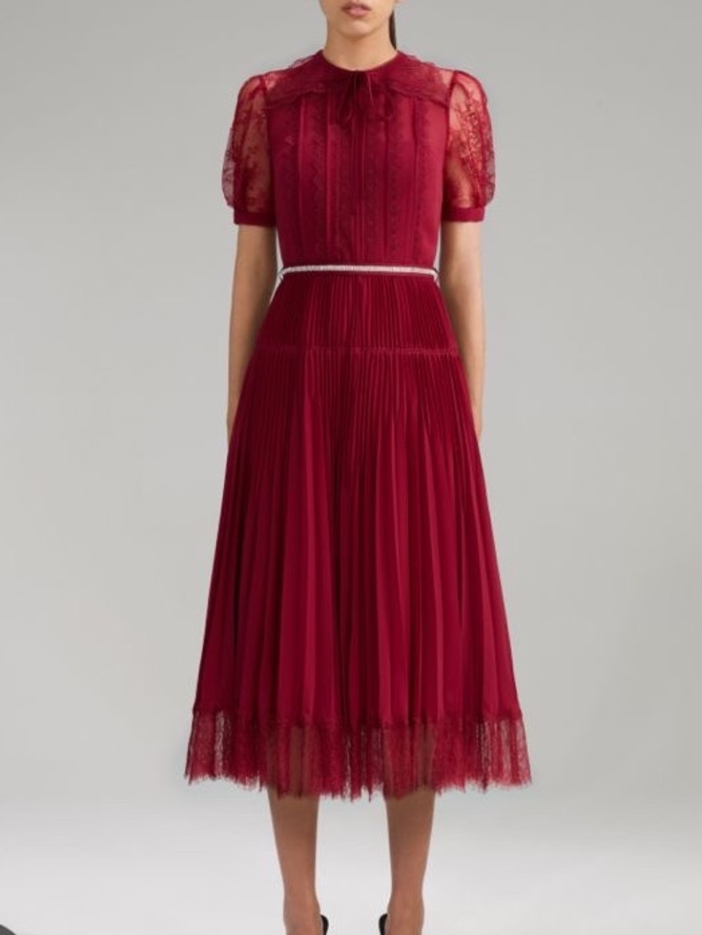 Self portrait burgundy pleated chiffon midi dress